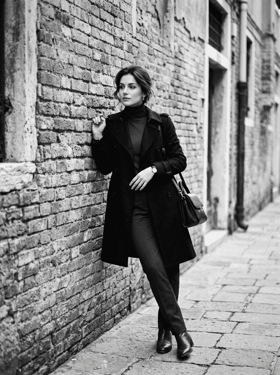 Black-and-white editorial portrait of a woman in a wool coat leaning against a weathered brick wall on a city street, photographed by Nomad Studio.