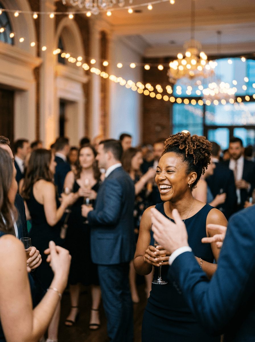 Guests gathered under warm string lights at an evening reception in a DC ballroom — event photography by Nomad Studio.