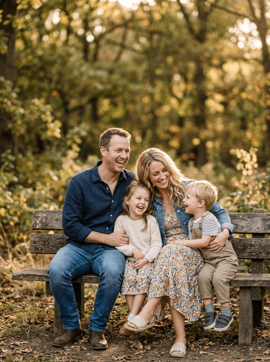 A family of four laughs together on a wooden bench in golden autumn light — family photography in the DC metro by Nomad Studio.