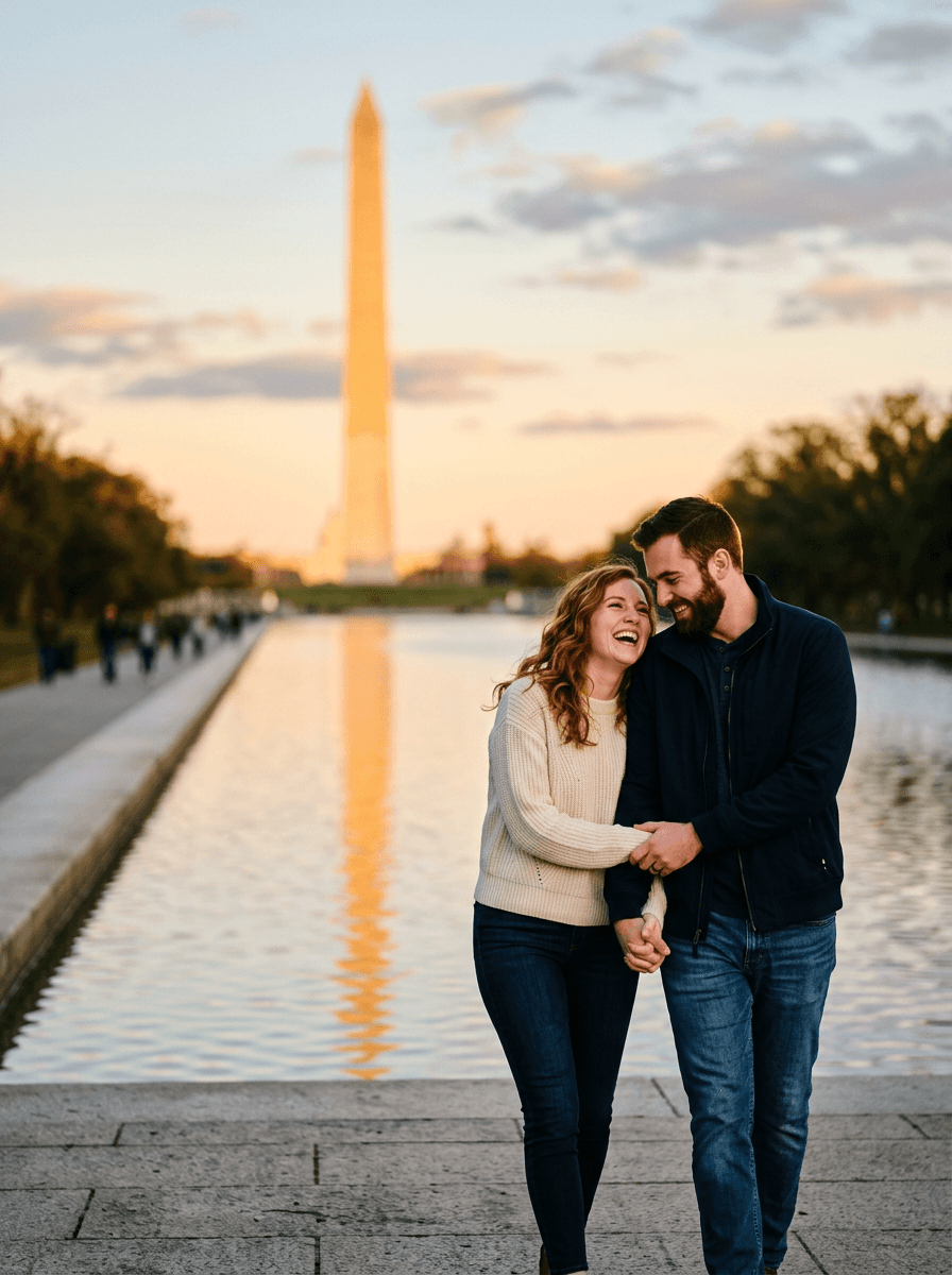 A couple walk arm in arm along the Lincoln Memorial Reflecting Pool at sunset, the Washington Monument behind them — couples photography in Washington DC by Nomad Studio.