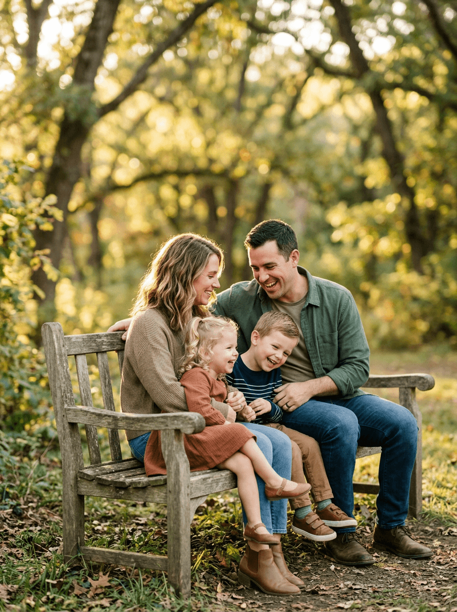A young family shares a quiet moment on a park bench surrounded by autumn trees — family photography in Northern Virginia by Nomad Studio.
